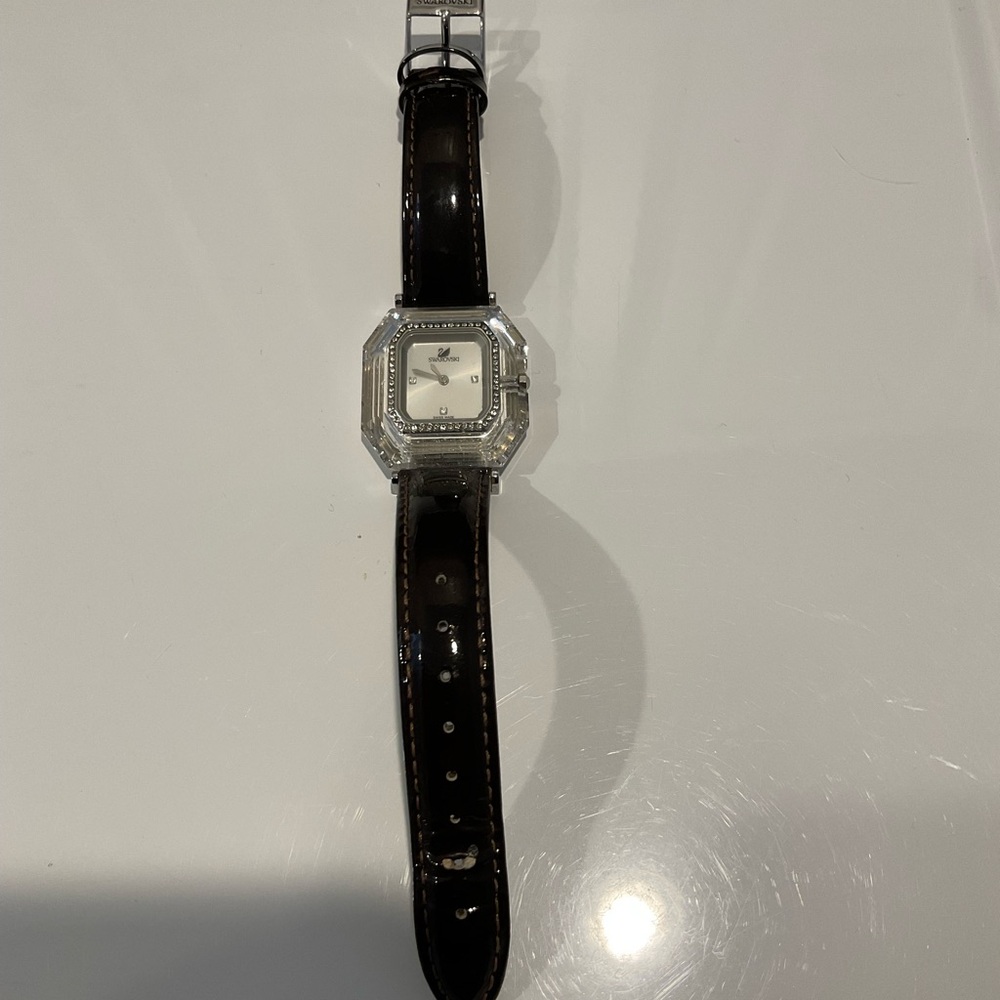 Swarovski Black Patent Leather Strap Watch with Crystal Surround